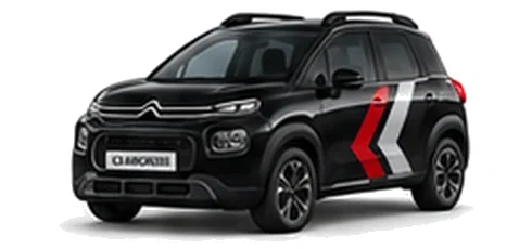 Citroën C3 Aircross in Perla Nera Black with red, grey and white chevron vinyl side graphics, front three-quarter view on a white background.