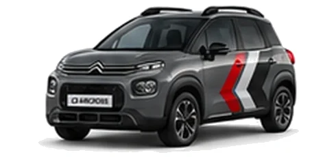Citroën C3 Aircross in Steel Grey with red, grey and white chevron vinyl side graphics, front three-quarter view on a white background.