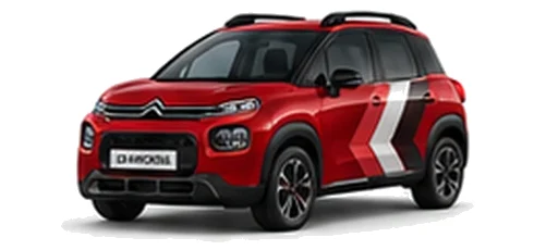 Citroën C3 Aircross in Elixir Red with red, grey and white chevron vinyl side graphics, front three-quarter view on a white background.