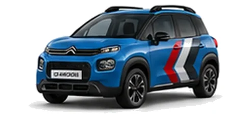 Citroën C3 Aircross in Spring Blue with red, grey and white chevron vinyl side graphics, front three-quarter view on a white background.