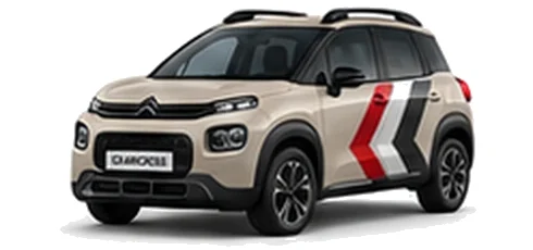 Citroën C3 Aircross in Soft Sand with red, grey and white chevron vinyl side graphics, front three-quarter view on a white background.