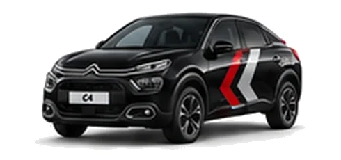 Citroën C4 in Perla Nera Black with red, grey and white chevron vinyl side graphics, front three-quarter view on a white background.