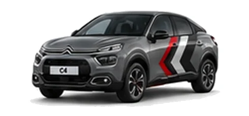 Citroën C4 in Steel Grey with red, grey and white chevron vinyl side graphics, front three-quarter view on a white background.