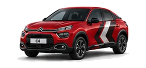 Citroën C4 in Elixir Red with red, grey and white chevron vinyl side graphics, front three-quarter view on a white background.