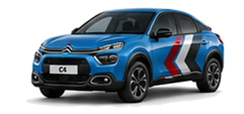 Citroën C4 in Spring Blue with red, grey and white chevron vinyl side graphics, front three-quarter view on a white background.