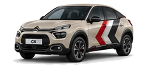 Citroën C4 in Soft Sand with red, grey and white chevron vinyl side graphics, front three-quarter view on a white background.