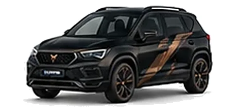 Cupra Ateca in Midnight Black with copper-accented angular vinyl side graphics, front three-quarter view on a white background.