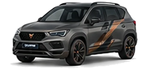 Cupra Ateca in Graphene Grey with copper-accented angular vinyl side graphics, front three-quarter view on a white background.