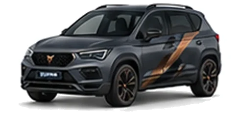 Cupra Ateca in Magnetic Tech with copper-accented angular vinyl side graphics, front three-quarter view on a white background.