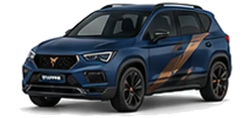 Cupra Ateca in Petrol Blue Matt with copper-accented angular vinyl side graphics, front three-quarter view on a white background.