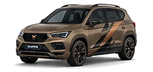 Cupra Ateca in Century Bronze Matt with copper-accented angular vinyl side graphics, front three-quarter view on a white background.