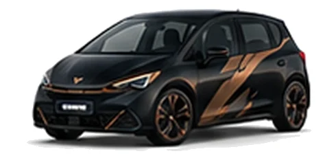 Cupra Born in Midnight Black with copper-accented angular vinyl side graphics, front three-quarter view on a white background.