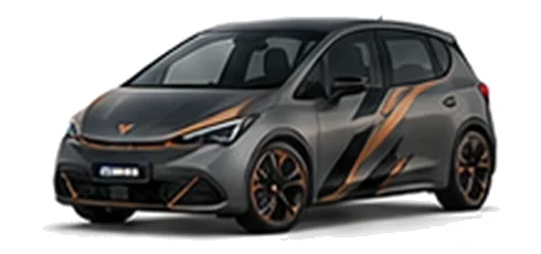 Cupra Born in Graphene Grey with copper-accented angular vinyl side graphics, front three-quarter view on a white background.