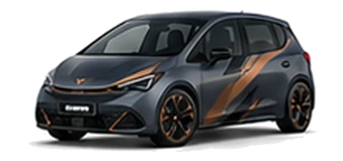 Cupra Born in Magnetic Tech with copper-accented angular vinyl side graphics, front three-quarter view on a white background.