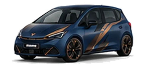 Cupra Born in Petrol Blue Matt with copper-accented angular vinyl side graphics, front three-quarter view on a white background.