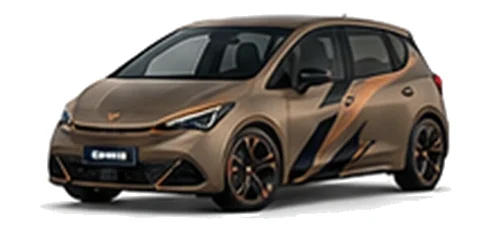Cupra Born in Century Bronze Matt with copper-accented angular vinyl side graphics, front three-quarter view on a white background.