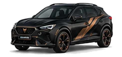 Cupra Formentor in Midnight Black with copper-accented angular vinyl side graphics, front three-quarter view on a white background.