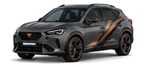 Cupra Formentor in Graphene Grey with copper-accented angular vinyl side graphics, front three-quarter view on a white background.