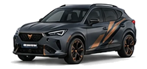 Cupra Formentor in Magnetic Tech with copper-accented angular vinyl side graphics, front three-quarter view on a white background.