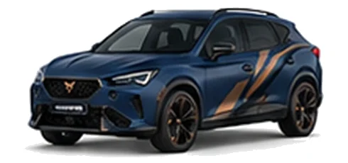 Cupra Formentor in Petrol Blue Matt with copper-accented angular vinyl side graphics, front three-quarter view on a white background.