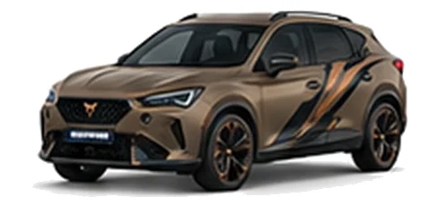 Cupra Formentor in Century Bronze Matt with copper-accented angular vinyl side graphics, front three-quarter view on a white background.