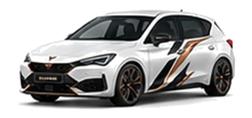 Cupra Leon in Glacial White with copper-accented angular vinyl side graphics, front three-quarter view on a white background.