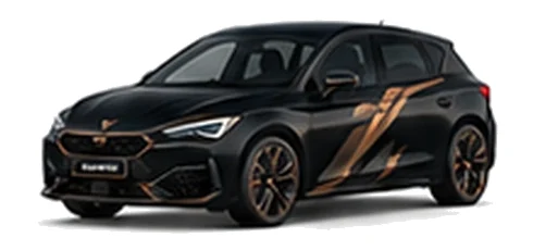 Cupra Leon in Midnight Black with copper-accented angular vinyl side graphics, front three-quarter view on a white background.