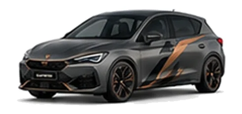Cupra Leon in Graphene Grey with copper-accented angular vinyl side graphics, front three-quarter view on a white background.