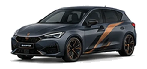 Cupra Leon in Magnetic Tech with copper-accented angular vinyl side graphics, front three-quarter view on a white background.