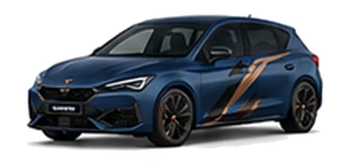 Cupra Leon in Petrol Blue Matt with copper-accented angular vinyl side graphics, front three-quarter view on a white background.