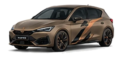 Cupra Leon in Century Bronze Matt with copper-accented angular vinyl side graphics, front three-quarter view on a white background.