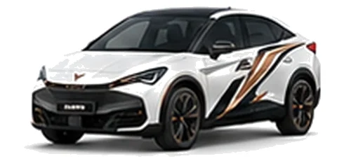 Cupra Tavascan in Glacial White with copper-accented angular vinyl side graphics, front three-quarter view on a white background.