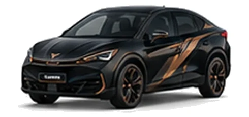 Cupra Tavascan in Midnight Black with copper-accented angular vinyl side graphics, front three-quarter view on a white background.