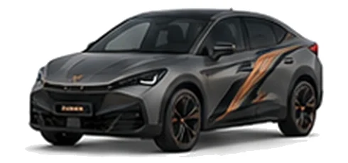 Cupra Tavascan in Graphene Grey with copper-accented angular vinyl side graphics, front three-quarter view on a white background.