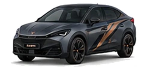 Cupra Tavascan in Magnetic Tech with copper-accented angular vinyl side graphics, front three-quarter view on a white background.