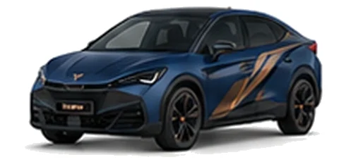 Cupra Tavascan in Petrol Blue Matt with copper-accented angular vinyl side graphics, front three-quarter view on a white background.