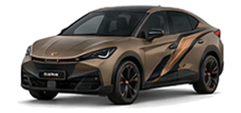 Cupra Tavascan in Century Bronze Matt with copper-accented angular vinyl side graphics, front three-quarter view on a white background.
