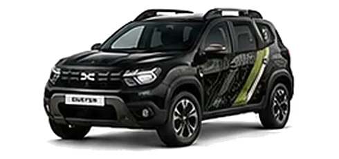 Dacia Duster in Pearl Black with topographic-pattern vinyl side graphics, front three-quarter view on a white background.