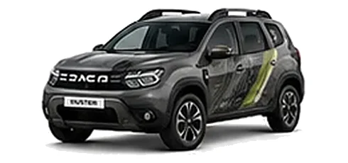 Dacia Duster in Slate Grey with topographic-pattern vinyl side graphics, front three-quarter view on a white background.