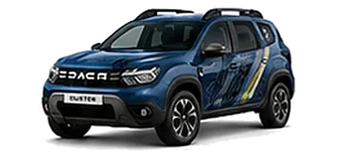 Dacia Duster in Iron Blue with topographic-pattern vinyl side graphics, front three-quarter view on a white background.