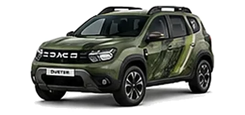 Dacia Duster in Cedar Green with topographic-pattern vinyl side graphics, front three-quarter view on a white background.