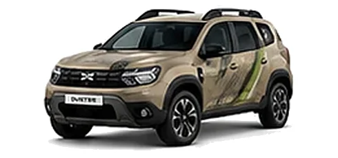 Dacia Duster in Sandstone with topographic-pattern vinyl side graphics, front three-quarter view on a white background.