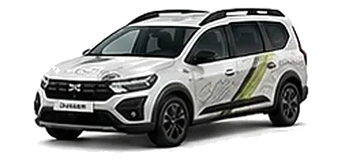 Dacia Jogger in Glacier White with topographic-pattern vinyl side graphics, front three-quarter view on a white background.