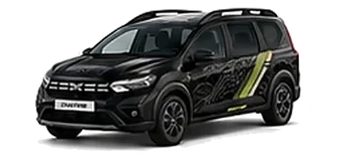 Dacia Jogger in Pearl Black with topographic-pattern vinyl side graphics, front three-quarter view on a white background.