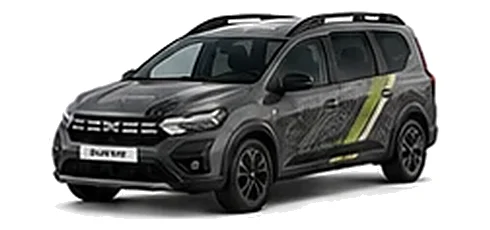 Dacia Jogger in Slate Grey with topographic-pattern vinyl side graphics, front three-quarter view on a white background.