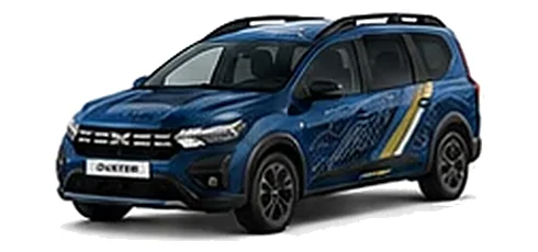 Dacia Jogger in Iron Blue with topographic-pattern vinyl side graphics, front three-quarter view on a white background.
