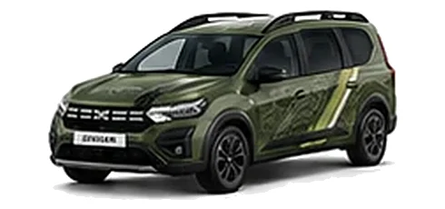 Dacia Jogger in Cedar Green with topographic-pattern vinyl side graphics, front three-quarter view on a white background.