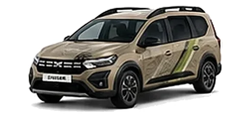 Dacia Jogger in Sandstone with topographic-pattern vinyl side graphics, front three-quarter view on a white background.