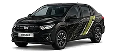 Dacia Logan in Pearl Black with topographic-pattern vinyl side graphics, front three-quarter view on a white background.
