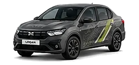 Dacia Logan in Slate Grey with topographic-pattern vinyl side graphics, front three-quarter view on a white background.